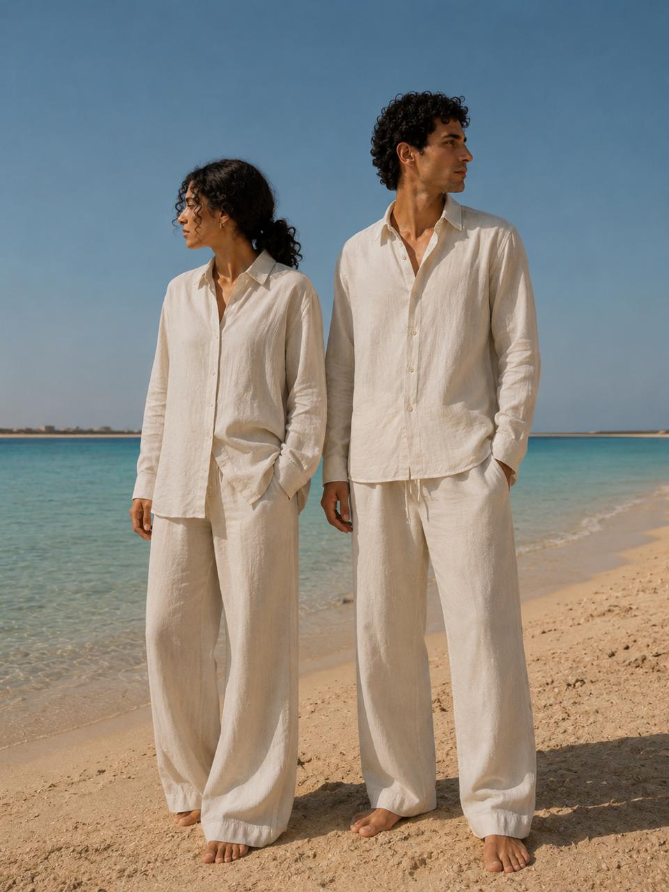 Beige Unisex Linen Sets